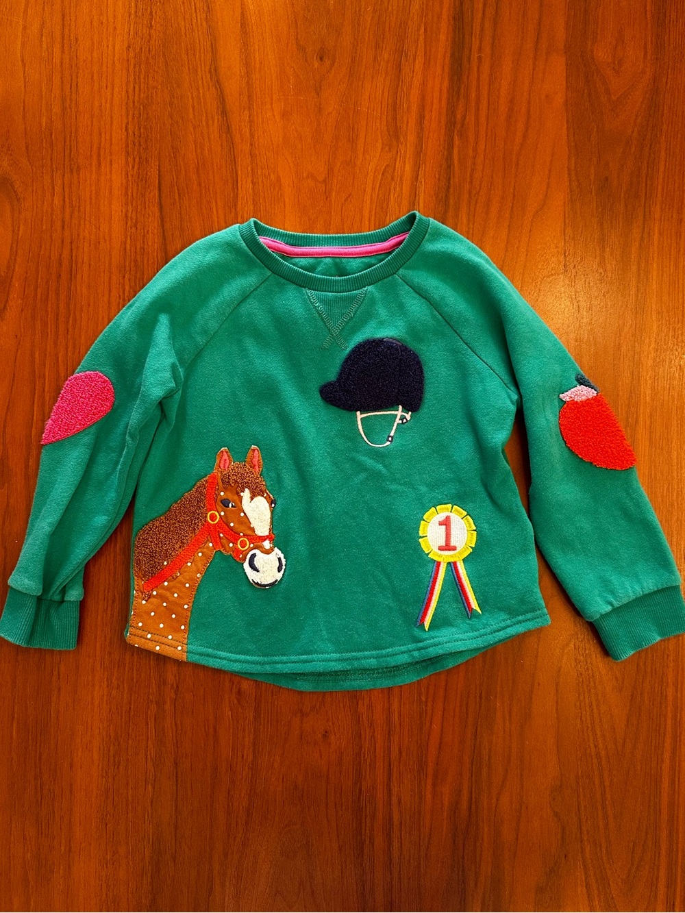 Mini Boden Green Horse Appliqué Patch Equestrian Sweatshirt size 3-4